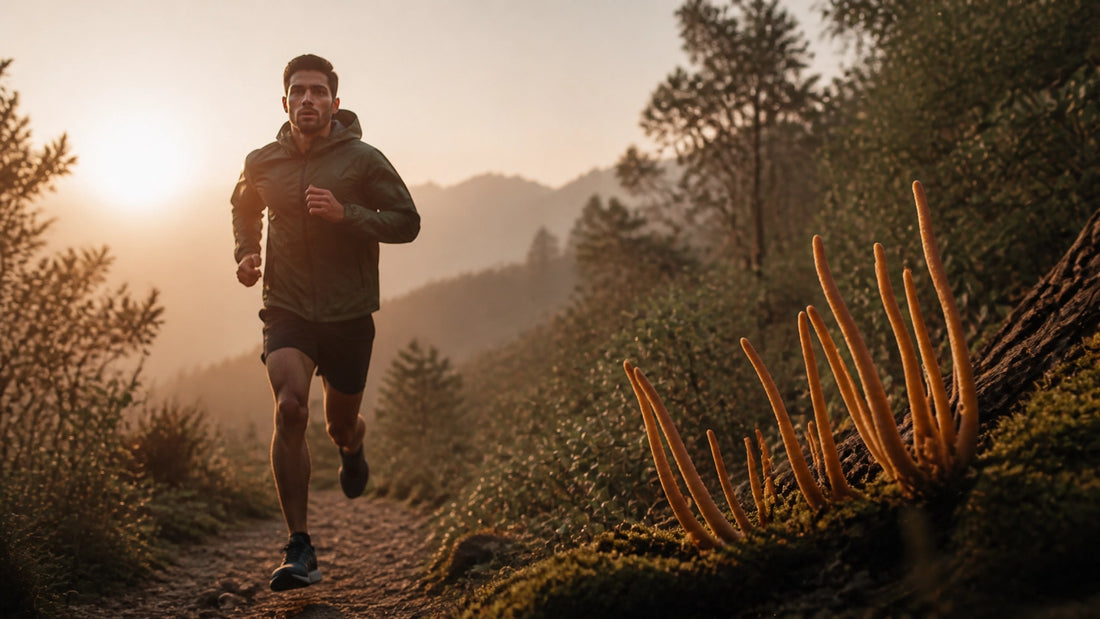 Persona activa corriendo por un sendero natural al amanecer, rodeada de tonos tierra y elementos sutiles inspirados en hongos
