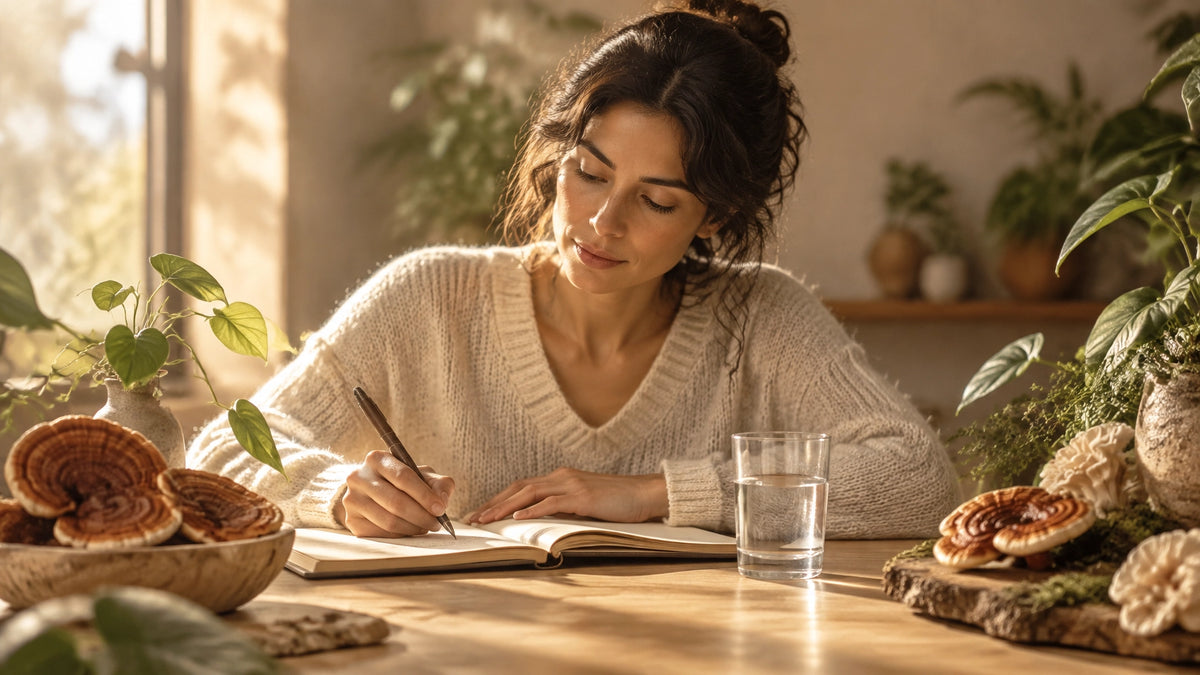 Persona adulta trabajando con calma junto a una ventana, rodeada de luz natural y elementos de naturaleza que evocan energía 