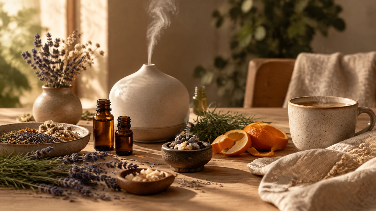 Ritual sensorial con difusor, hierbas, copal y taza humeante en tonos terrosos