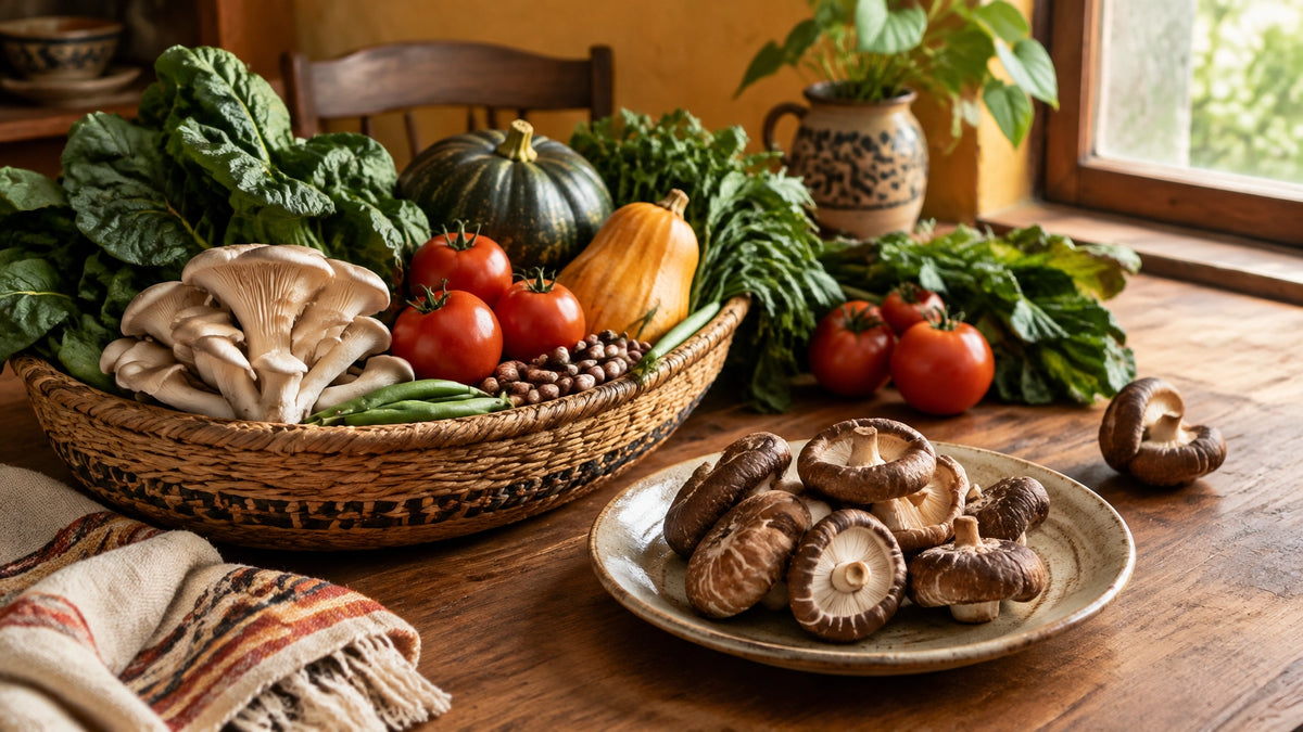 Hongos comestibles y verduras frescas sobre una mesa de madera, en una escena cálida de cocina