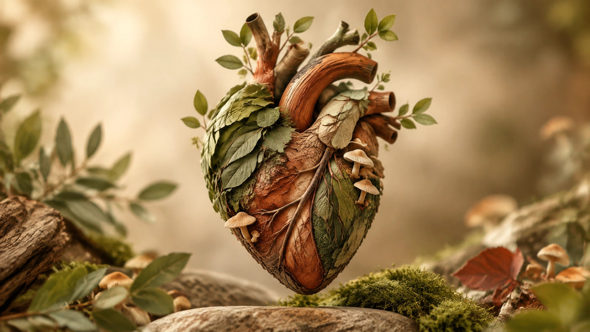 Ilustración conceptual de un corazón rodeado de naturaleza y hongos, en tonos tierra