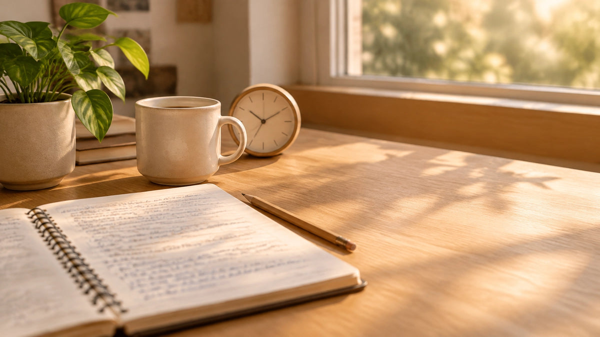 Escritorio de estudiante con apuntes, taza, planta y luz natural cálida