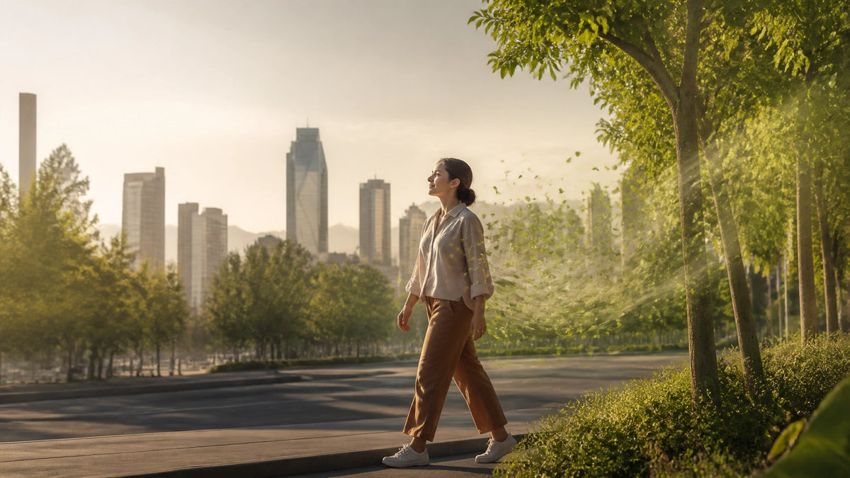 Persona caminando entre árboles en una ciudad mexicana al amanecer, rodeada de naturaleza y aire más limpio