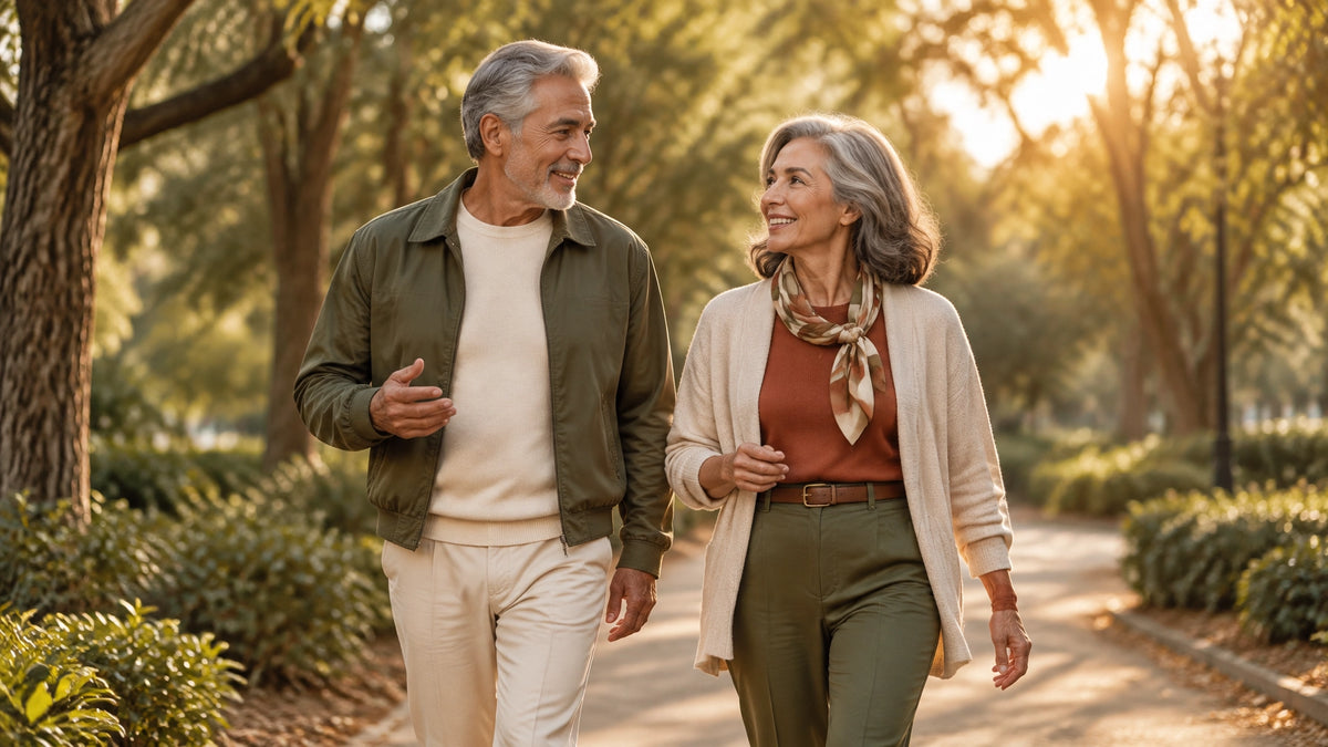 Pareja adulta mayor caminando por un parque al amanecer