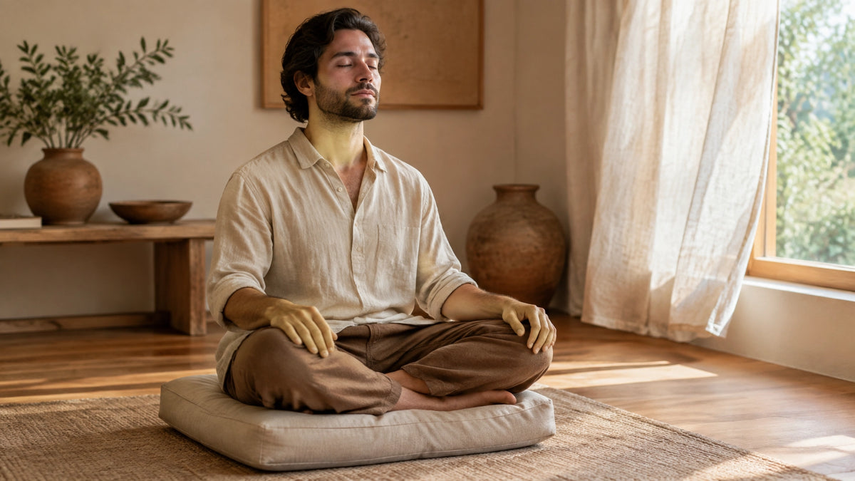 Persona adulta practicando meditación en un espacio cálido, sencillo y natural