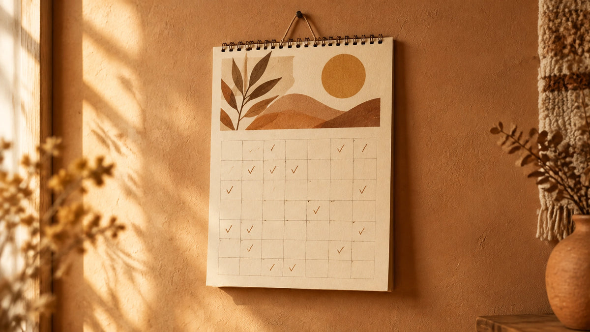 Calendario de pared con días cumplidos en una rutina de bienestar durante octubre