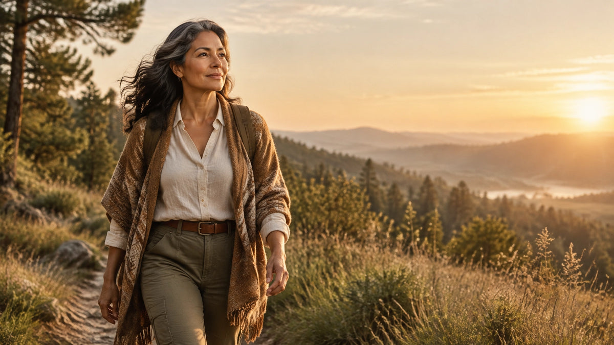 Mujer mexicana adulta caminando al amanecer entre un paisaje natural, símbolo de fuerza y renovación durante la menopausia