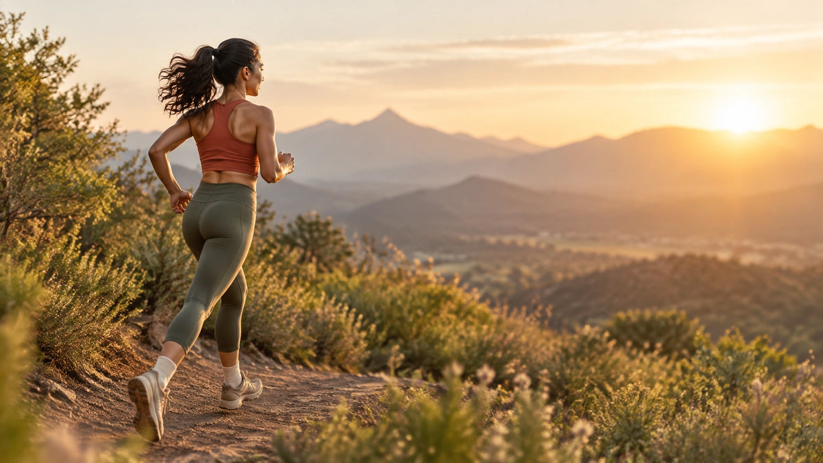 Mujer deportista corriendo por un sendero natural al amanecer, rodeada de montañas y vegetación en tonos tierra