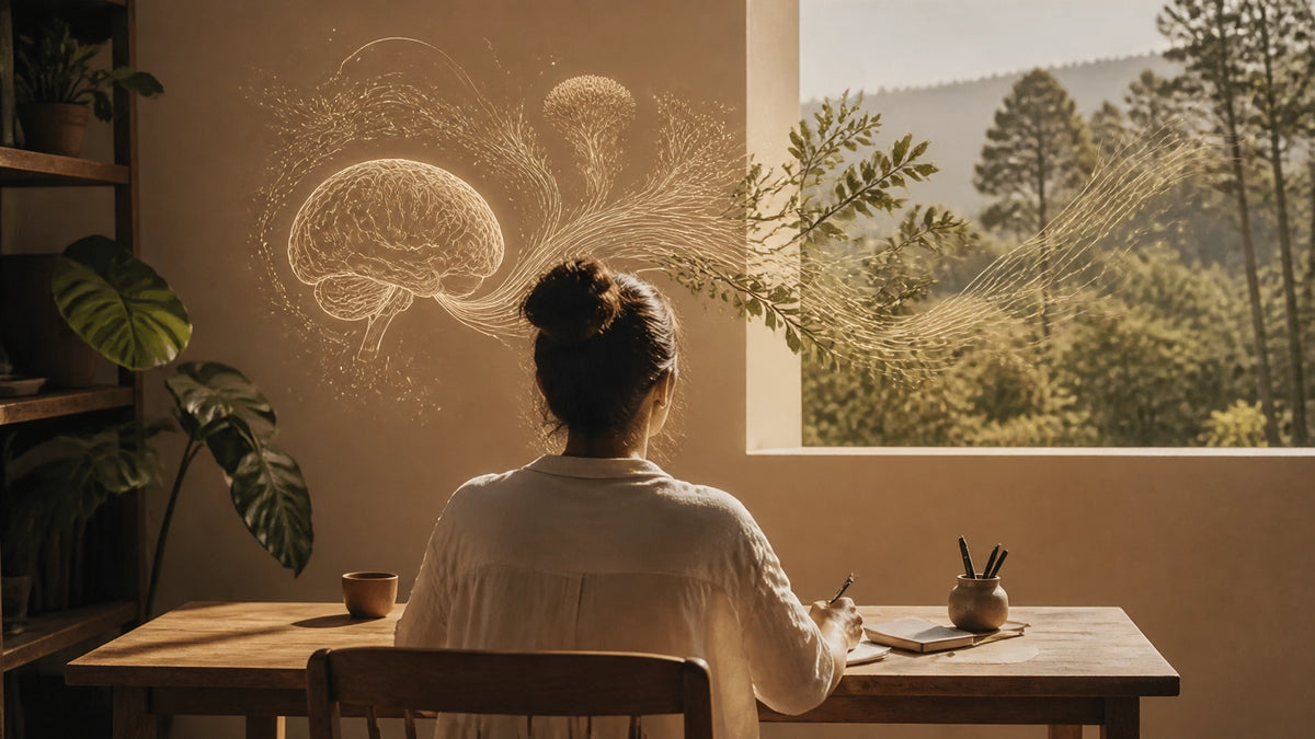 Persona en un espacio natural conectando ideas con calma y claridad mental