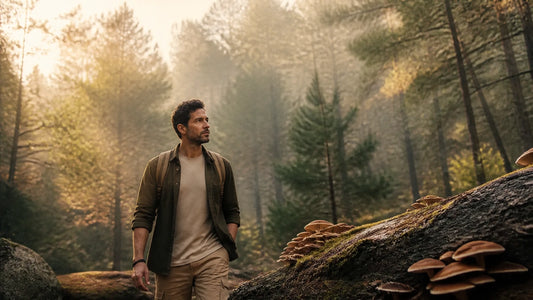 Hombre mexicano caminando por un bosque al amanecer, rodeado de naturaleza y hongos funcionales en tonos tierra