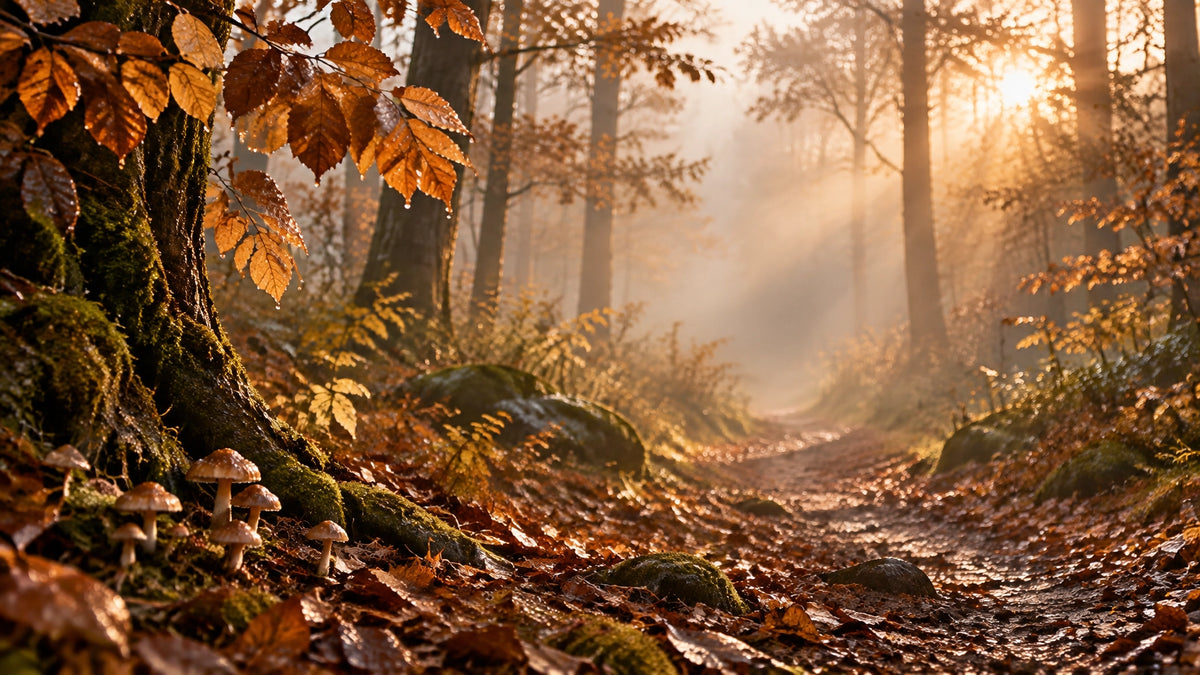 Bosque otoñal con neblina y hongos naturales entre hojas ocres